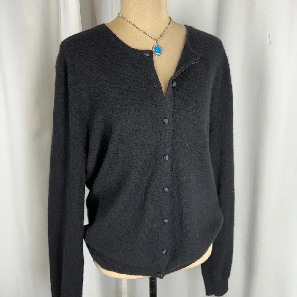 Peck & Peck Pure Cashmere Black Cardigan Sweater XL 2 Ply Button Front READ